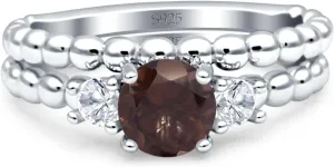 OMRANII Art Deco Round Natural Chocolate Brown Smoky Quartz Three Stone Two Piece Vintage Style Beaded Band Wedding Bridal Set Ring Cubic Zirconia 925 Sterling Silver