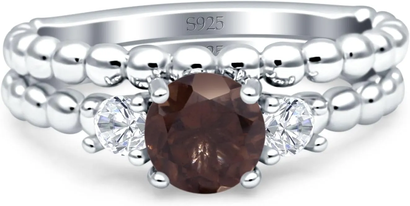 OMRANII Art Deco Round Natural Chocolate Brown Smoky Quartz Three Stone Two Piece Vintage Style Beaded Band Wedding Bridal Set Ring Cubic Zirconia 925 Sterling Silver