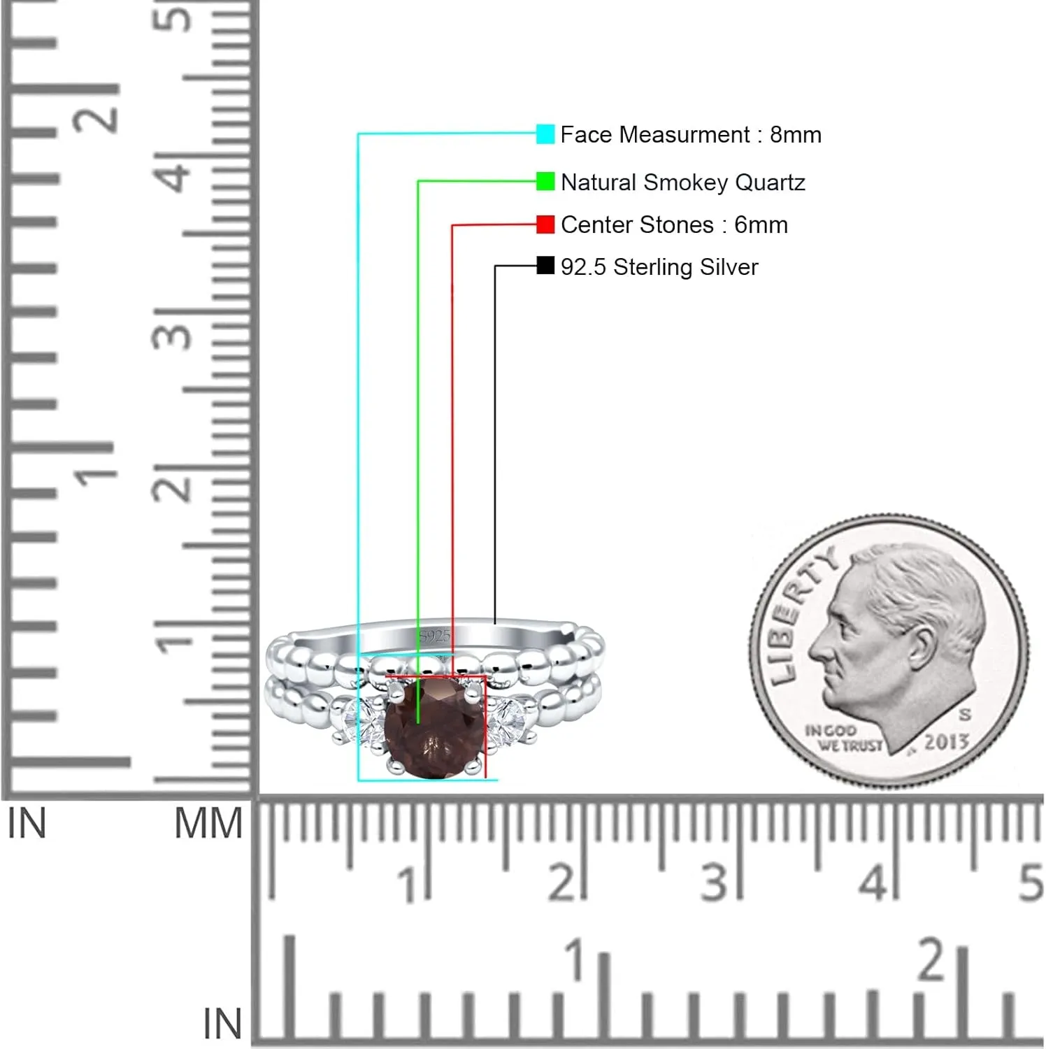 OMRANII Art Deco Round Natural Chocolate Brown Smoky Quartz Three Stone Two Piece Vintage Style Beaded Band Wedding Bridal Set Ring Cubic Zirconia 925 Sterling Silver