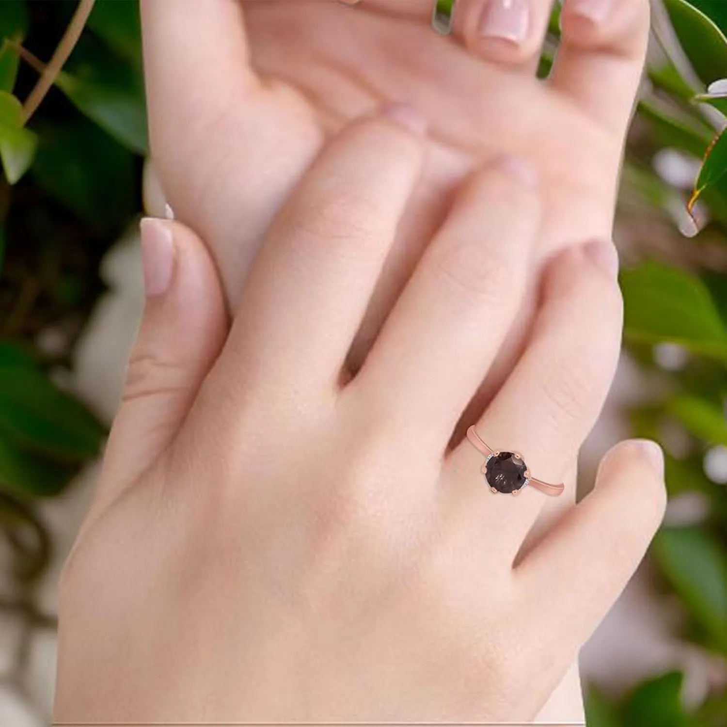 OMRANII Art Deco Round Natural Chocolate Smoky Quartz Vintage Style Hidden Halo CZ Wedding Engagement Rings For Women 925 Sterling Silver Gifts For Her