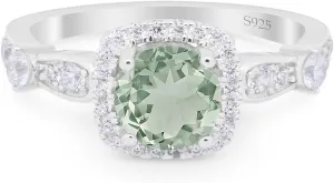OMRANII Art Deco Round Natural Green Amethyst Prasiolite Vintage Style Cushion Cut Halo CZ Wedding Engagement Rings For Women 925 Sterling Silver Gifts For Her