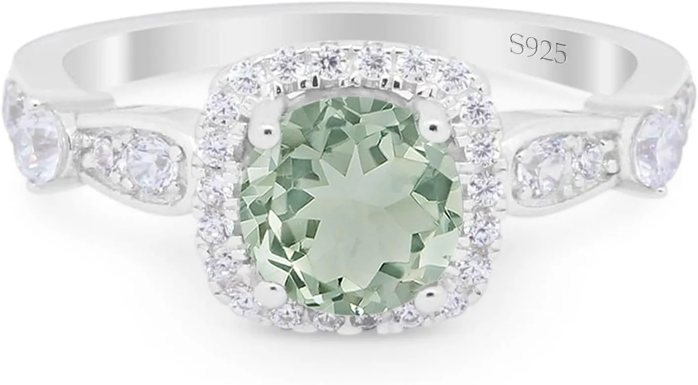 OMRANII Art Deco Round Natural Green Amethyst Prasiolite Vintage Style Cushion Cut Halo CZ Wedding Engagement Rings For Women 925 Sterling Silver Gifts For Her