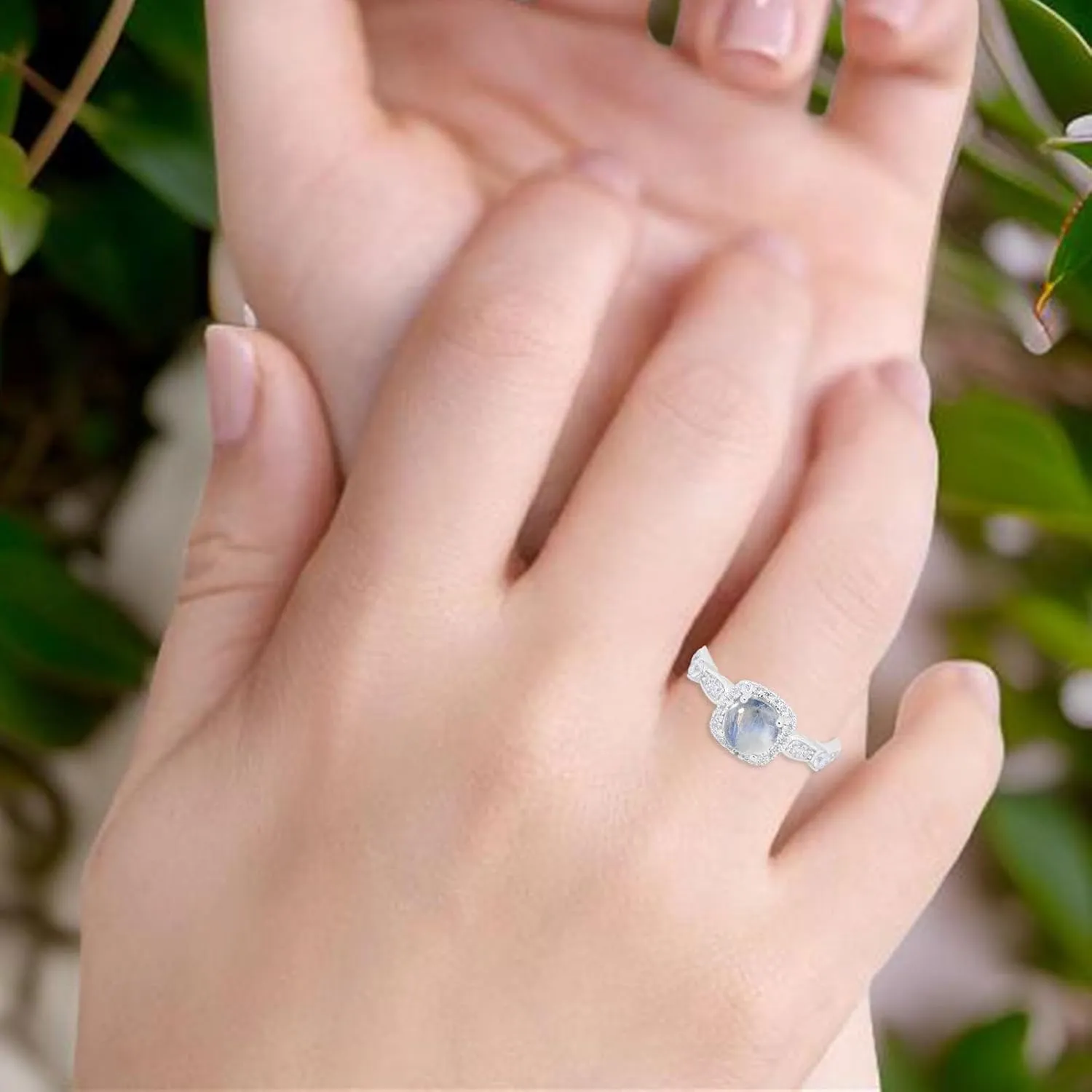 OMRANII Art Deco Round Natural Moonstone Vintage Style Cushion Cut Halo CZ Wedding Engagement Rings For Women 925 Sterling Silver Gifts For Her