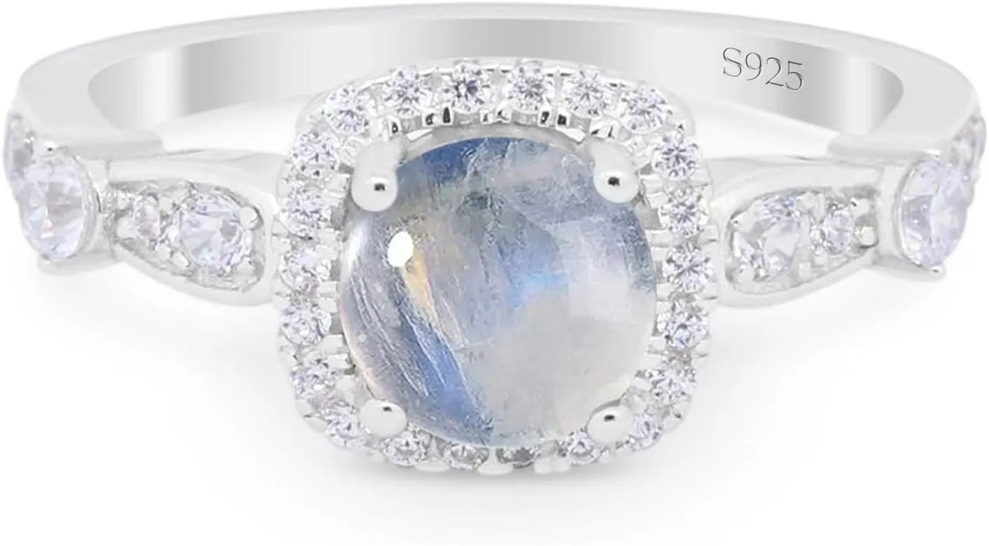 OMRANII Art Deco Round Natural Moonstone Vintage Style Cushion Cut Halo CZ Wedding Engagement Rings For Women 925 Sterling Silver Gifts For Her