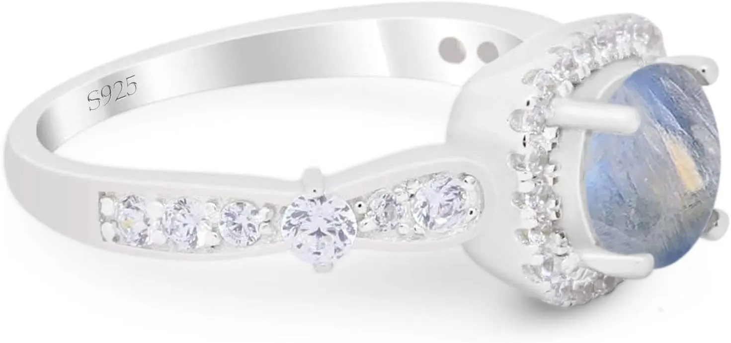 OMRANII Art Deco Round Natural Moonstone Vintage Style Cushion Cut Halo CZ Wedding Engagement Rings For Women 925 Sterling Silver Gifts For Her