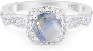 OMRANII Art Deco Round Natural Moonstone Vintage Style Cushion Cut Halo CZ Wedding Engagement Rings For Women 925 Sterling Silver Gifts For Her