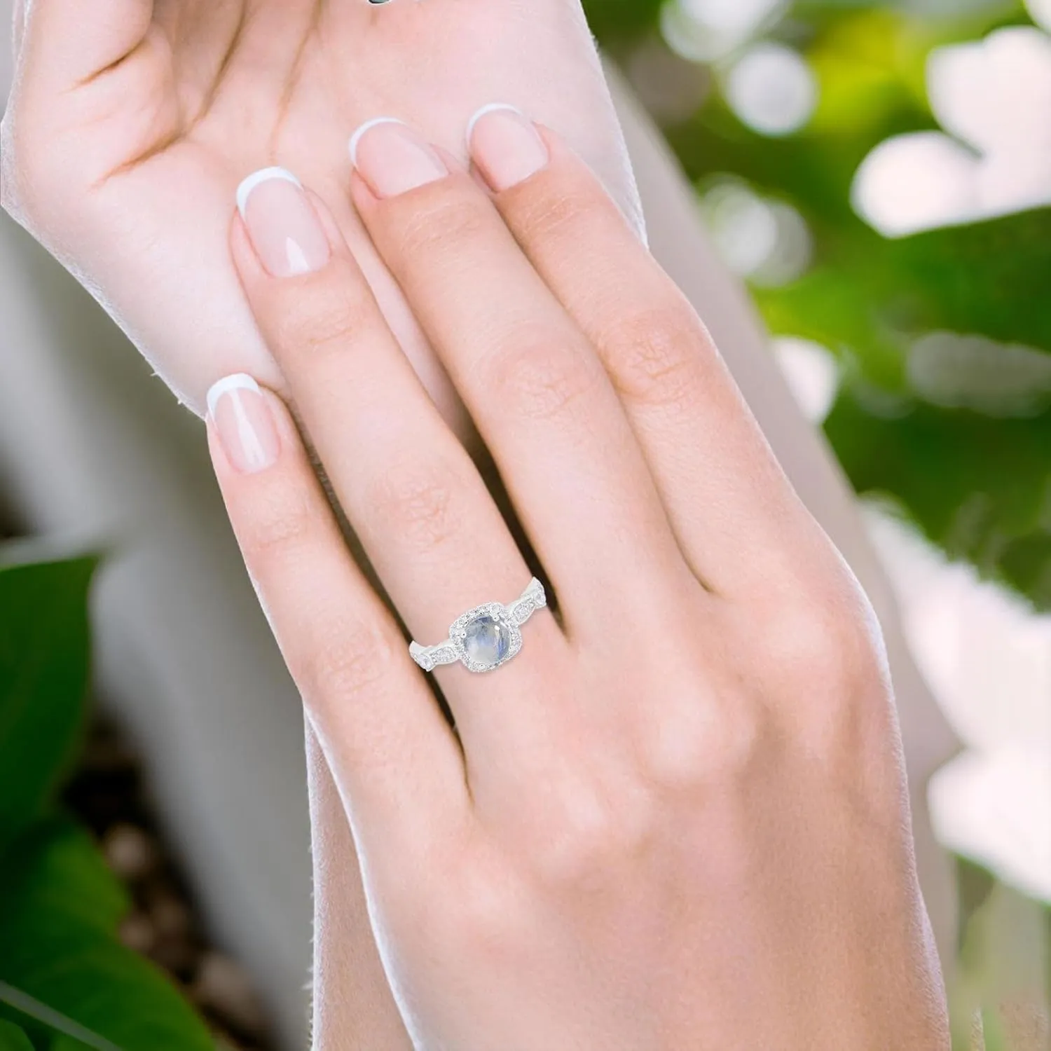 OMRANII Art Deco Round Natural Moonstone Vintage Style Cushion Cut Halo CZ Wedding Engagement Rings For Women 925 Sterling Silver Gifts For Her