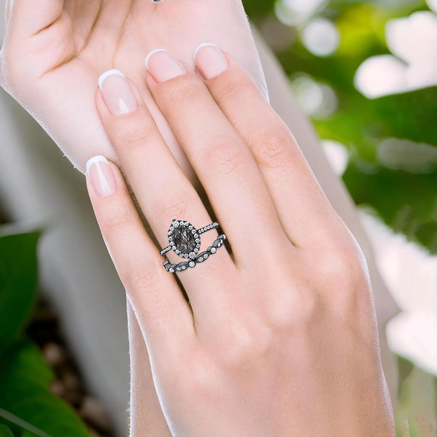 OMRANII Art Deco Two Piece Oval Natural Rutilated Quartz Half Eternity Band Vintage Style Halo CZ Wedding Set Bridal Engagement Ring 925 Sterling Silver Gifts For Her