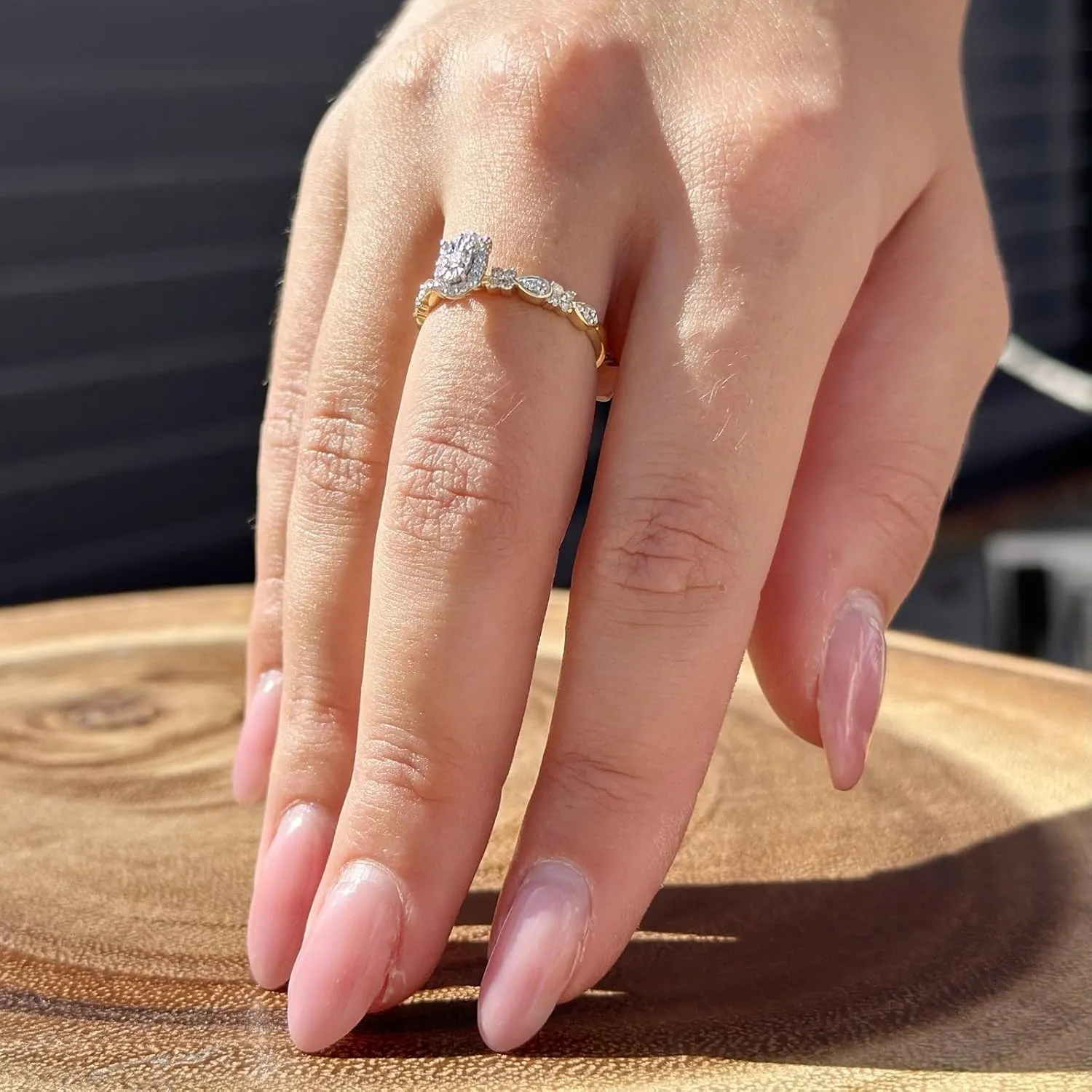 OMRANII Sparkling Oval Shaped Halo Two Tone Pear Vintage Style Round Natural Diamond Bridal Wedding Engagement Ring Solid 14K Gold