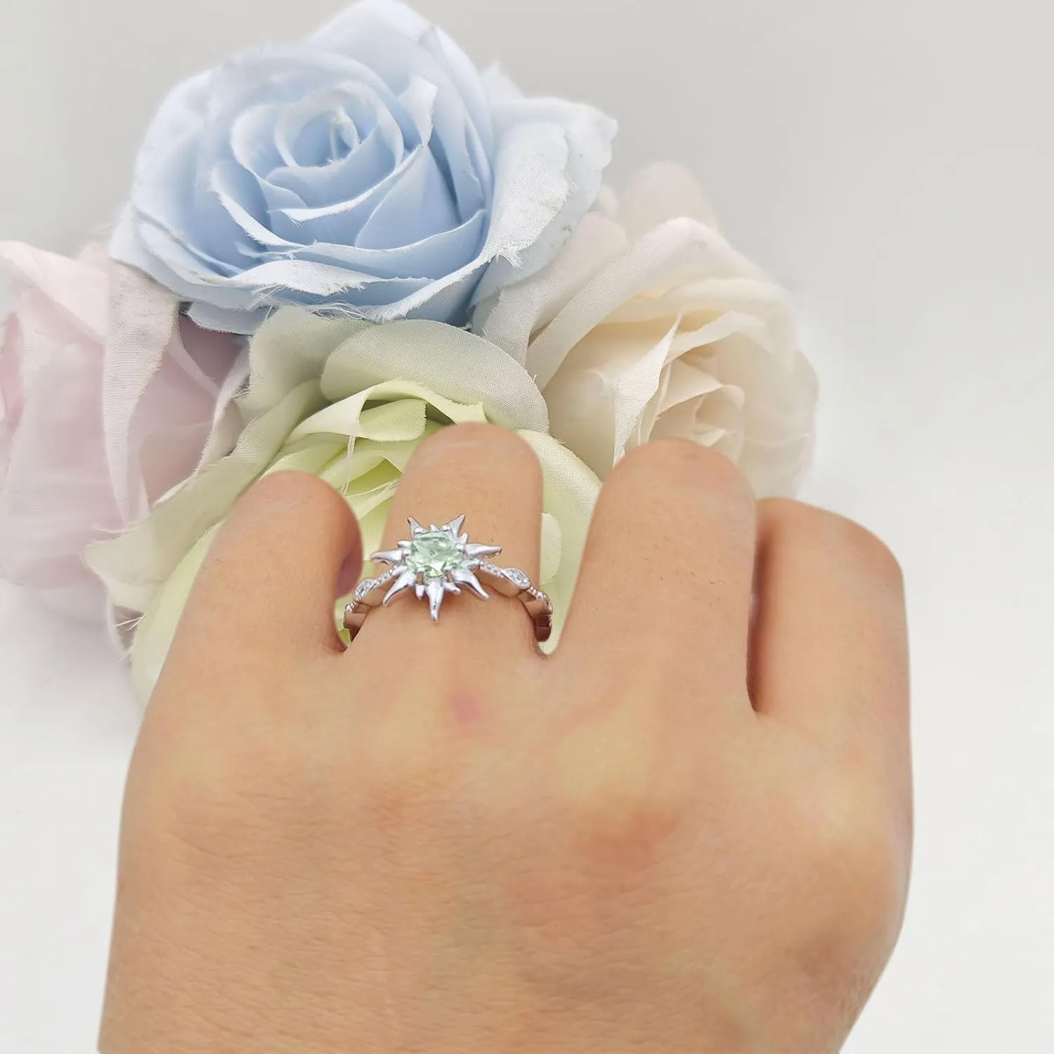 OMRANII Sun Ring Round Shaped Natural Green Amethyst Prasiolite Vintage Style Marquise Design Nature Inspired Wedding Enaggement Ring Solid 925 Sterling Silver