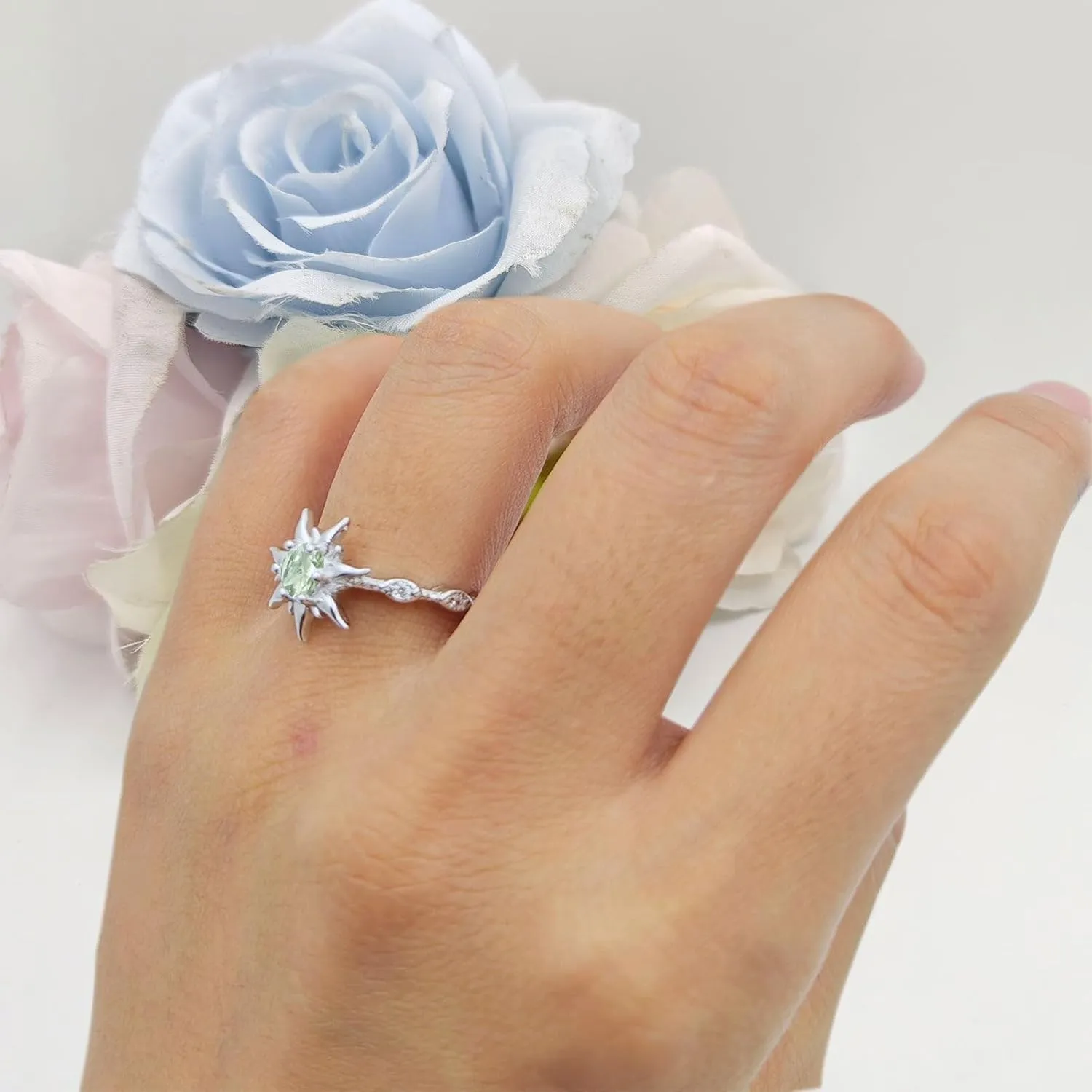 OMRANII Sun Ring Round Shaped Natural Green Amethyst Prasiolite Vintage Style Marquise Design Nature Inspired Wedding Enaggement Ring Solid 925 Sterling Silver