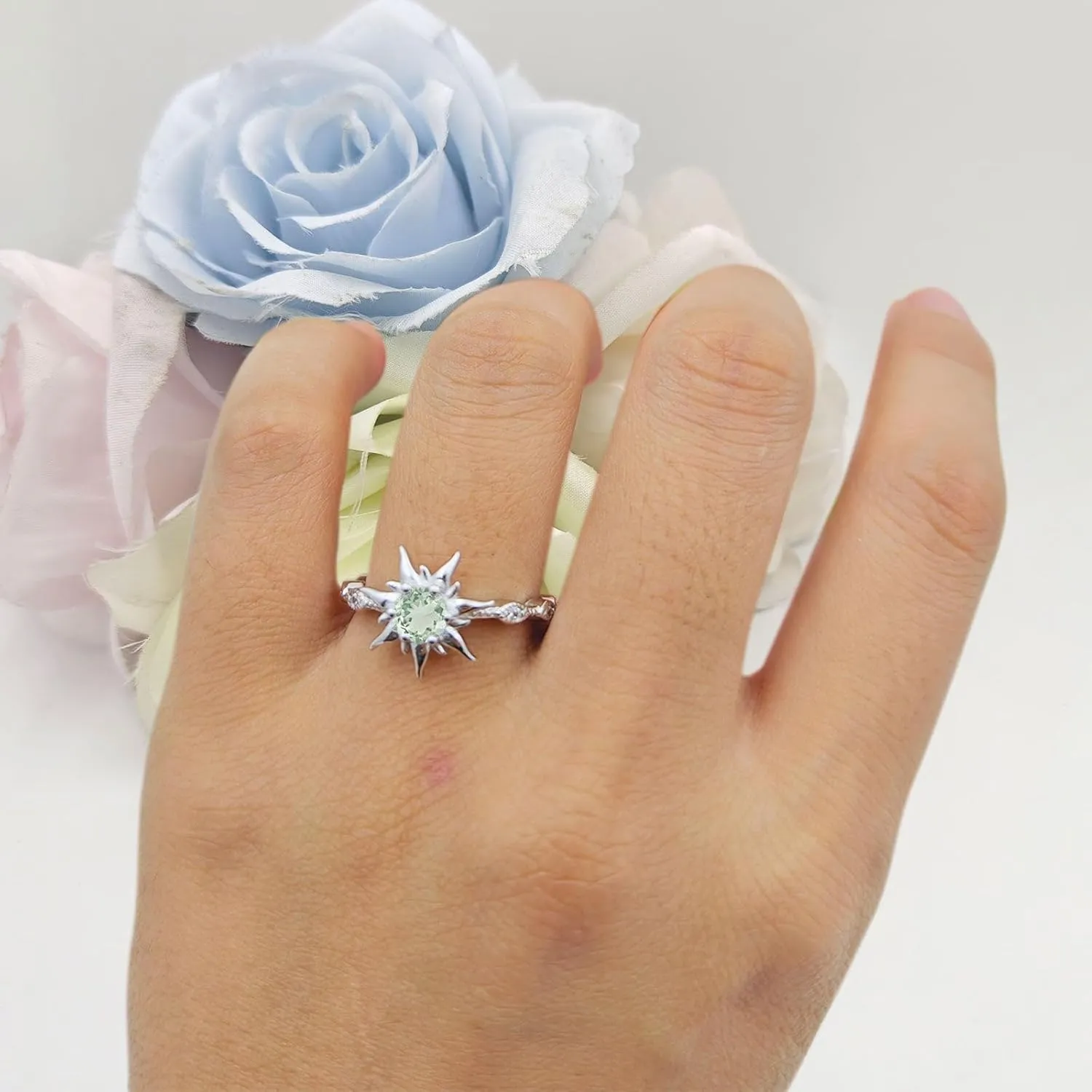 OMRANII Sun Ring Round Shaped Natural Green Amethyst Prasiolite Vintage Style Marquise Design Nature Inspired Wedding Enaggement Ring Solid 925 Sterling Silver