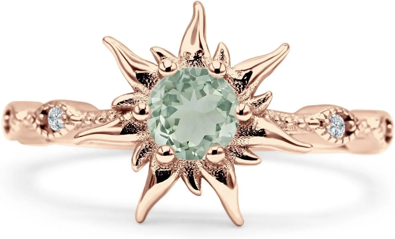 OMRANII Sun Ring Round Shaped Natural Green Amethyst Prasiolite Vintage Style Marquise Design Nature Inspired Wedding Enaggement Ring Solid 925 Sterling Silver