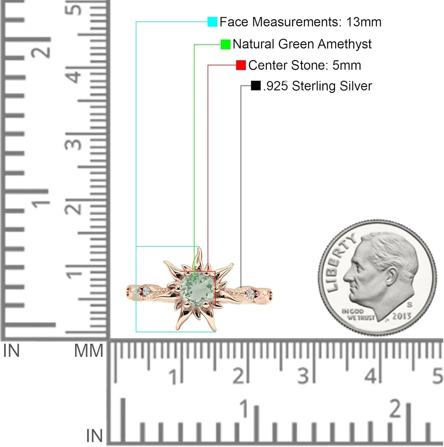 OMRANII Sun Ring Round Shaped Natural Green Amethyst Prasiolite Vintage Style Marquise Design Nature Inspired Wedding Enaggement Ring Solid 925 Sterling Silver