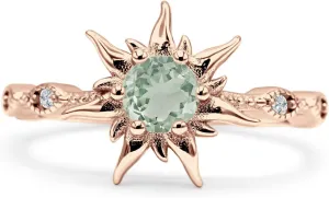 OMRANII Sun Ring Round Shaped Natural Green Amethyst Prasiolite Vintage Style Marquise Design Nature Inspired Wedding Enaggement Ring Solid 925 Sterling Silver