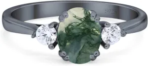 OMRANII Three Stone Art Deco Ring Oval Natural Green Moss Agate Vintage Style CZ Wedding Engagement Rings For Women 925 Sterling Silver Birthday Gift For Her