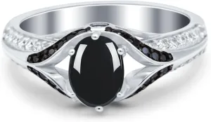 OMRANII Vintage Style Oval Natural Black Onyx Split Shank Two Tone Art Deco Ring Statement Wedding Engagement Rings For Women 925 Sterling Silver Gifts For Special Occasion
