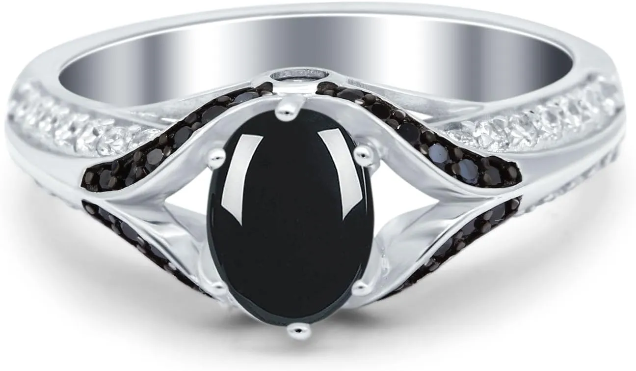 OMRANII Vintage Style Oval Natural Black Onyx Split Shank Two Tone Art Deco Ring Statement Wedding Engagement Rings For Women 925 Sterling Silver Gifts For Special Occasion