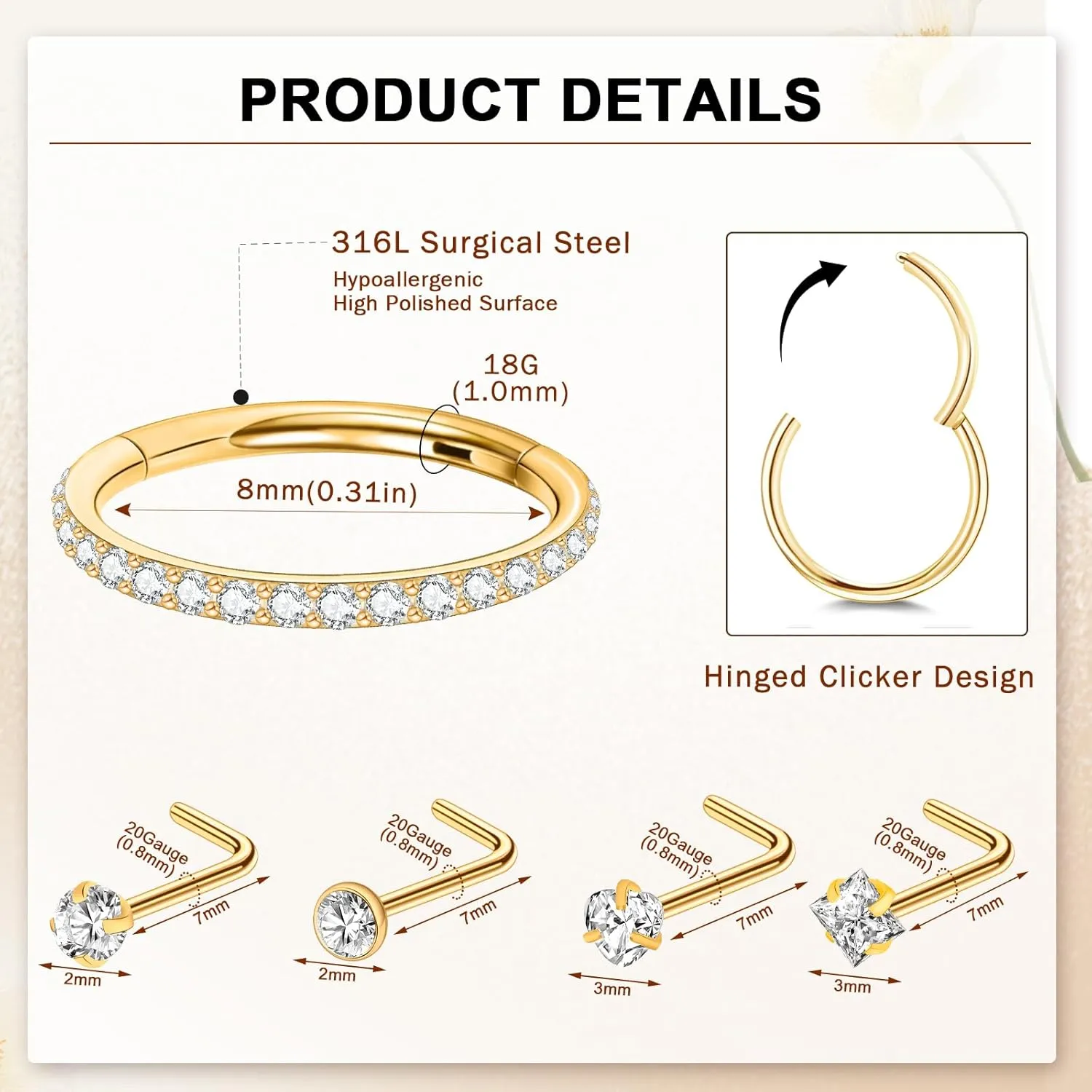ONESING 5Pcs Nose Rings for Women, 20G Nose Rings Studs and 18G Nose Hoops Hypoallergenic Stainless Steel Nose Piercings Jewelry Silver Nose Jewelry Septum Helix Cartilage Lip Body Piercings for Women Men