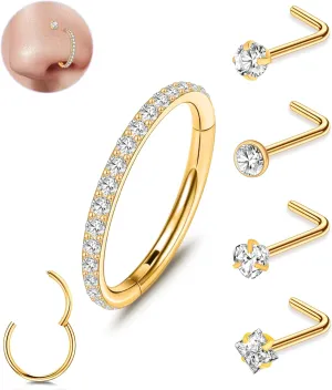 ONESING 5Pcs Nose Rings for Women, 20G Nose Rings Studs and 18G Nose Hoops Hypoallergenic Stainless Steel Nose Piercings Jewelry Silver Nose Jewelry Septum Helix Cartilage Lip Body Piercings for Women Men