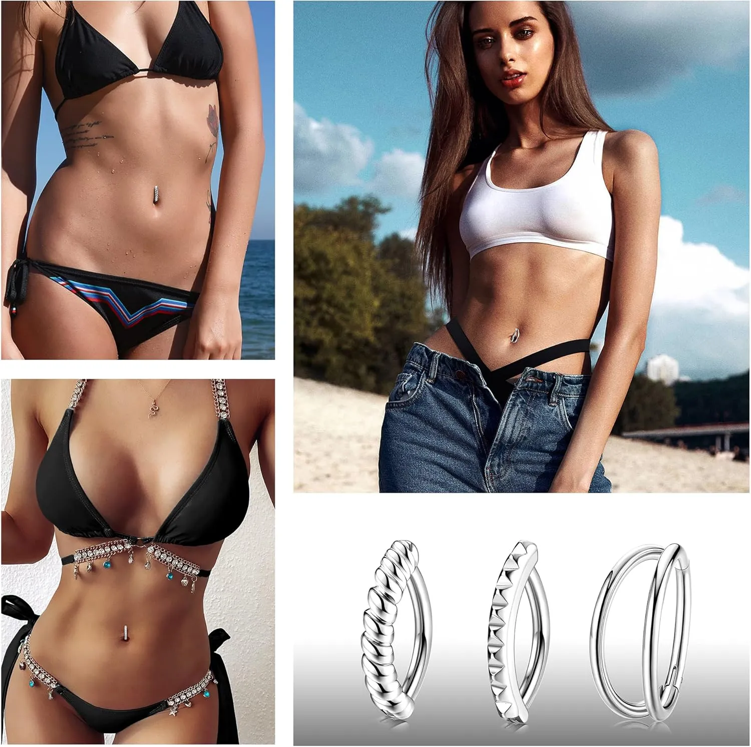 ORAZIO 8Pcs Belly Button Ring Surgical Steel 14G Clicker Belly Rings for Women CZ Heart Butterfly Belly Button Piercing Simple Reverse Navel Barbell Rings Body Piercing Jewelry