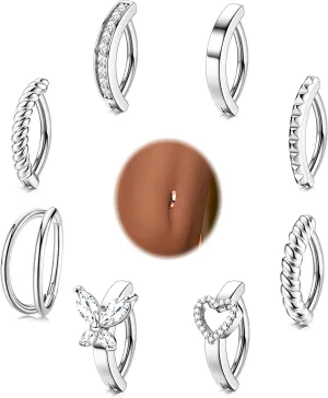 ORAZIO 8Pcs Belly Button Ring Surgical Steel 14G Clicker Belly Rings for Women CZ Heart Butterfly Belly Button Piercing Simple Reverse Navel Barbell Rings Body Piercing Jewelry