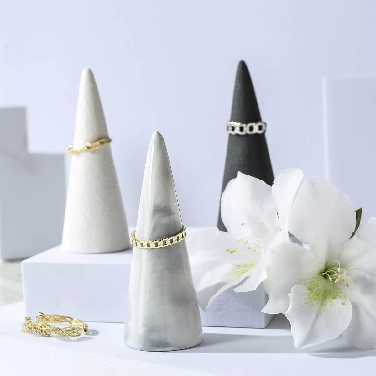 oskas Marble Ring Holder Tower Ceramic Cone Shape Modern Decorative Display Stand for Jewelry Ring/Wedding Ring 2PCS SET Grey
