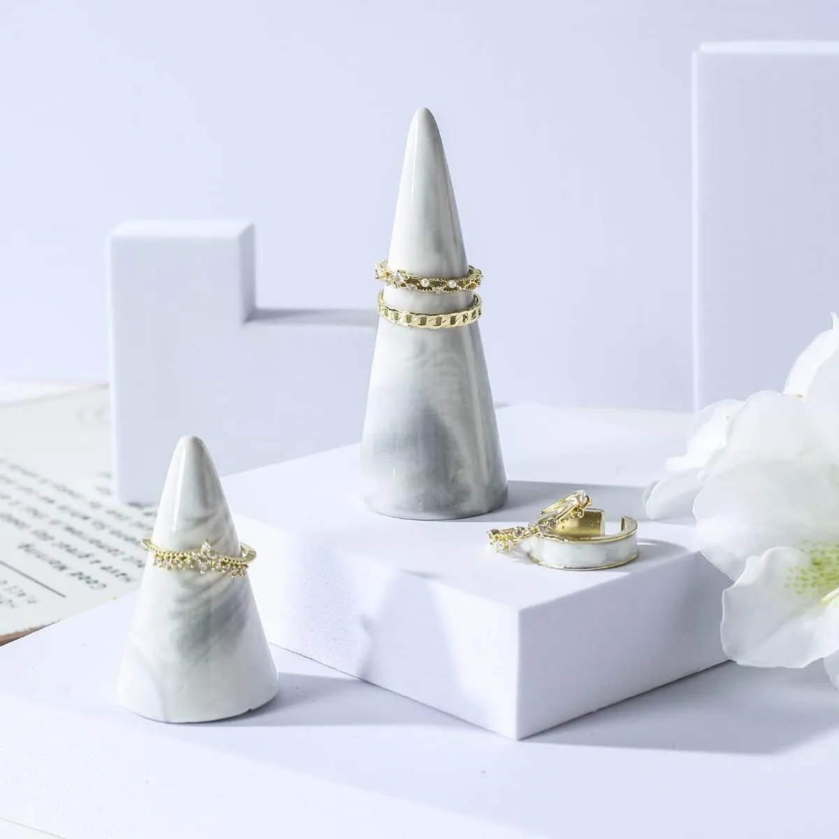 oskas Marble Ring Holder Tower Ceramic Cone Shape Modern Decorative Display Stand for Jewelry Ring/Wedding Ring 2PCS SET Grey
