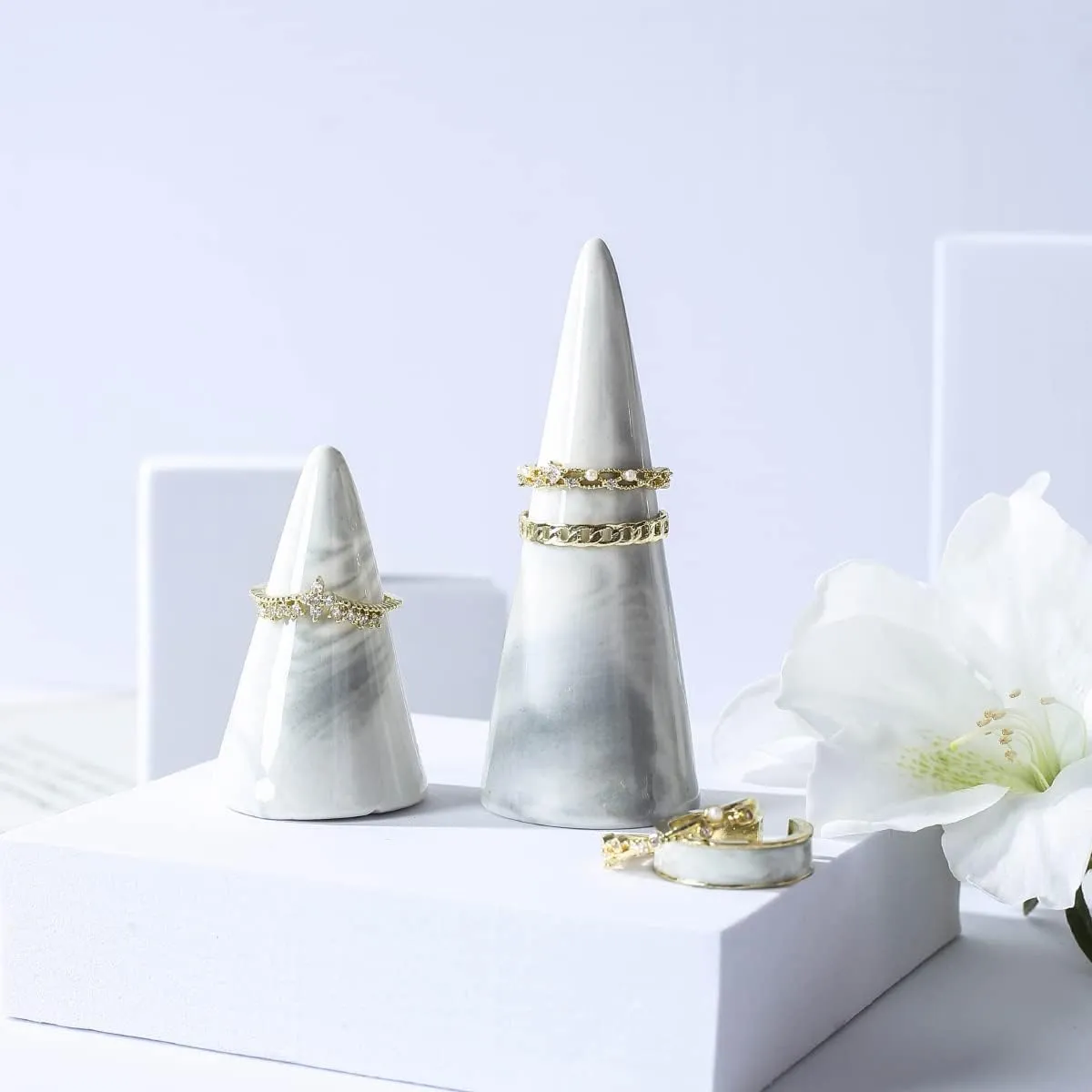 oskas Marble Ring Holder Tower Ceramic Cone Shape Modern Decorative Display Stand for Jewelry Ring/Wedding Ring 2PCS SET Grey