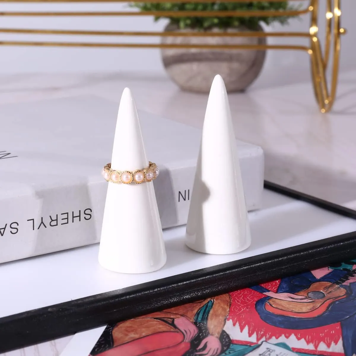 oskas White Modern Ring Holder - Ceramic Cone Tower Shape Decorative Display Stand for Jewelry & Men - 2pcs Set