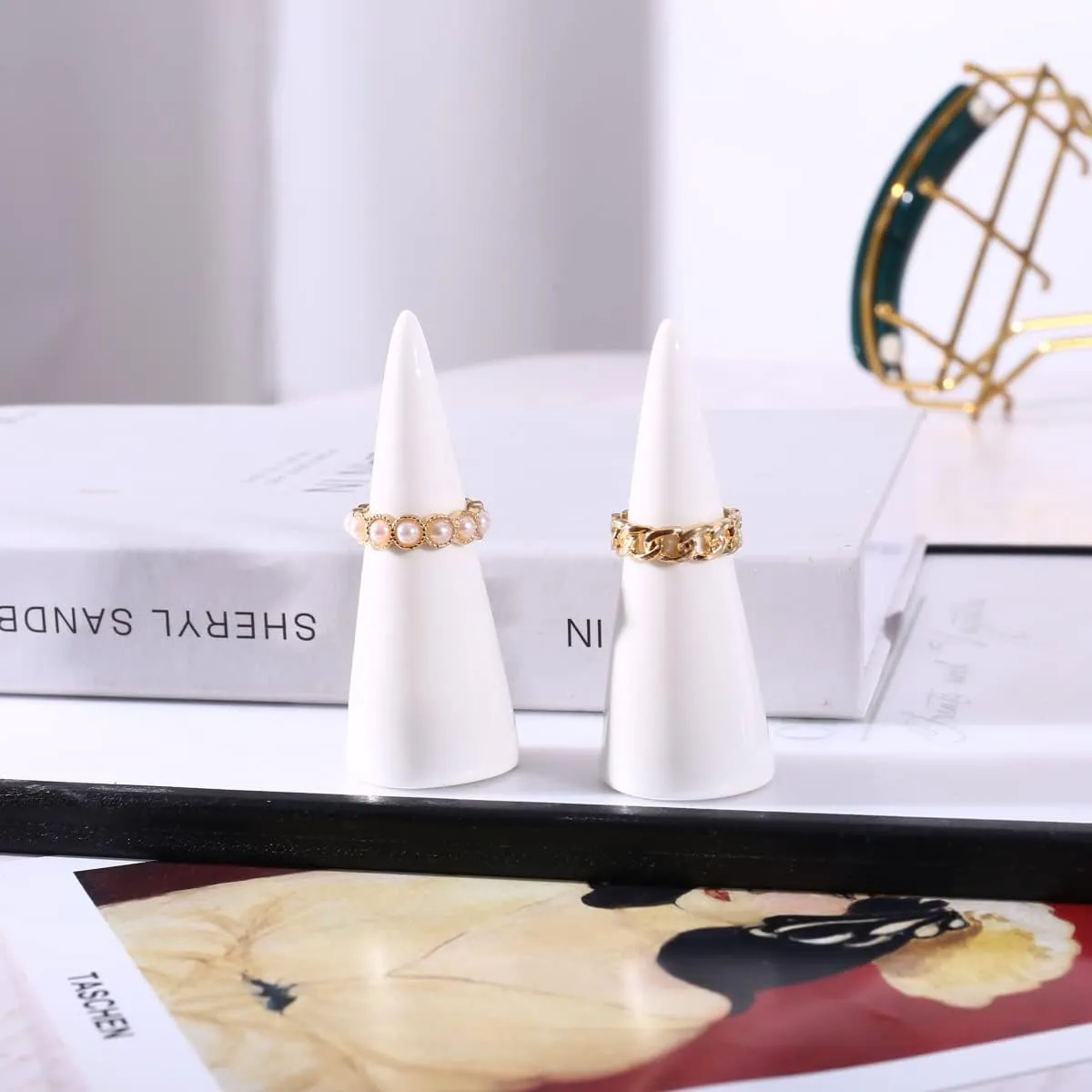oskas White Modern Ring Holder - Ceramic Cone Tower Shape Decorative Display Stand for Jewelry & Men - 2pcs Set