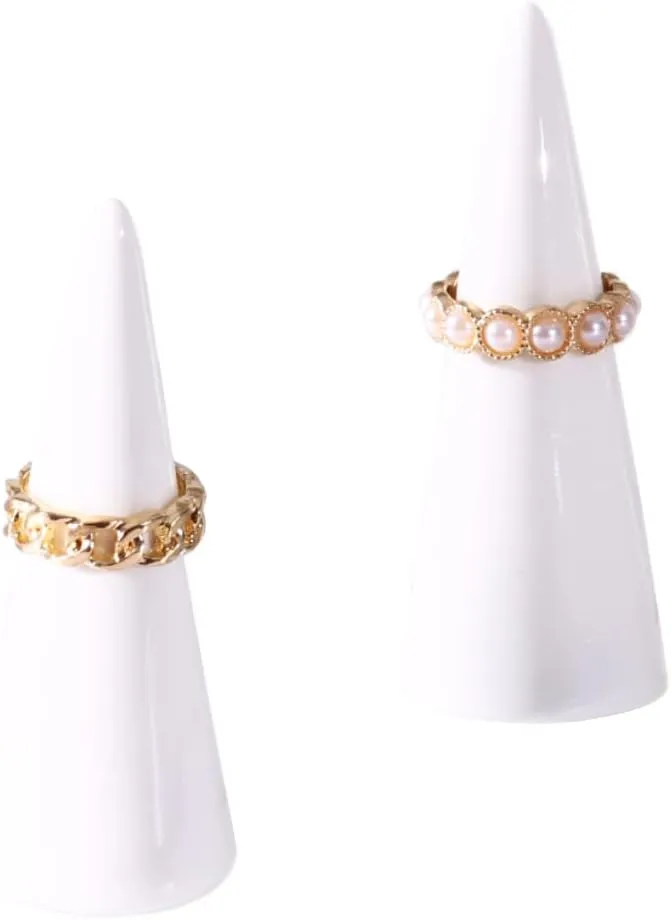 oskas White Modern Ring Holder - Ceramic Cone Tower Shape Decorative Display Stand for Jewelry & Men - 2pcs Set