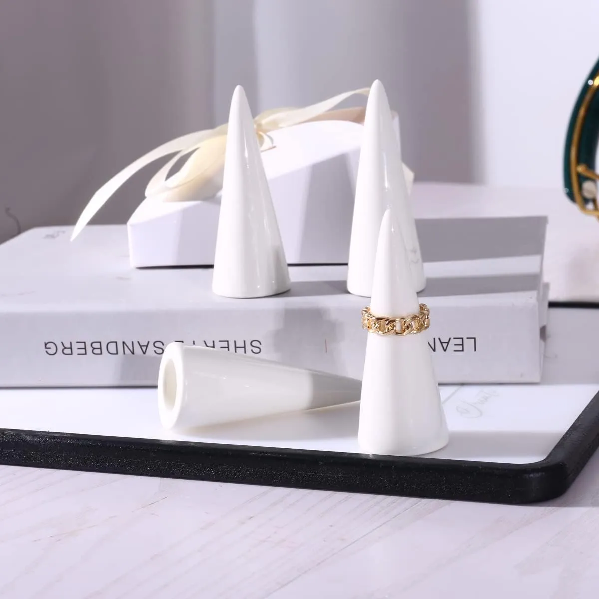 oskas White Modern Ring Holder - Ceramic Cone Tower Shape Decorative Display Stand for Jewelry & Men - 2pcs Set
