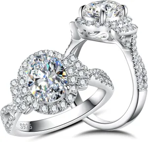 Oval cut Moissanite Halo Engagement Ring for Women 2.65 cttw D color VVS Moissanite Twisting Anniversary Bridal Cathedral Rings Platinum-Plated Silver Infinity Vine Wedding Eternity Band