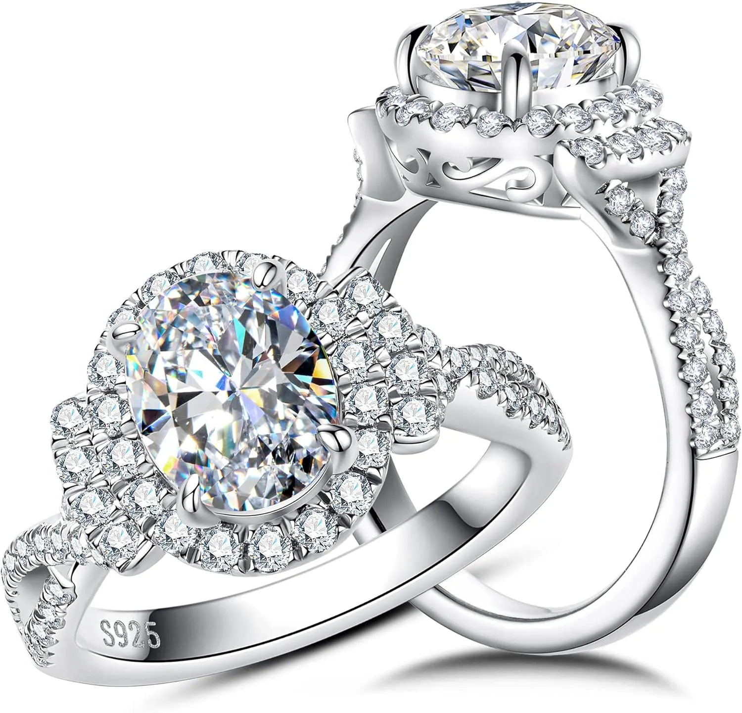 Oval cut Moissanite Halo Engagement Ring for Women 2.65 cttw D color VVS Moissanite Twisting Anniversary Bridal Cathedral Rings Platinum-Plated Silver Infinity Vine Wedding Eternity Band