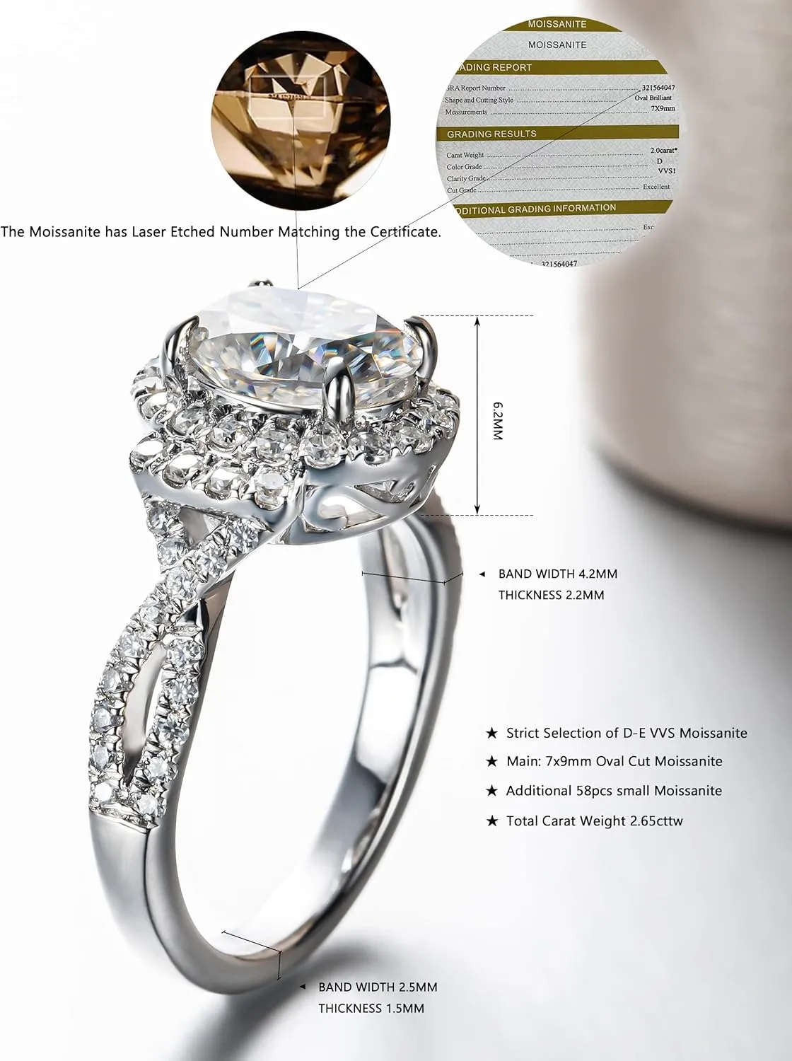 Oval cut Moissanite Halo Engagement Ring for Women 2.65 cttw D color VVS Moissanite Twisting Anniversary Bridal Cathedral Rings Platinum-Plated Silver Infinity Vine Wedding Eternity Band