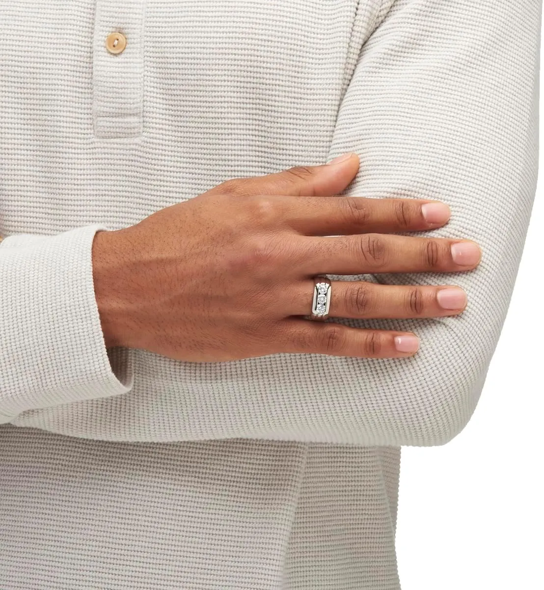 Palm Beach Jewelry Men's Platinum Plated Round Cubic Zirconia 3 Stone Channel Set Wedding Band Ring