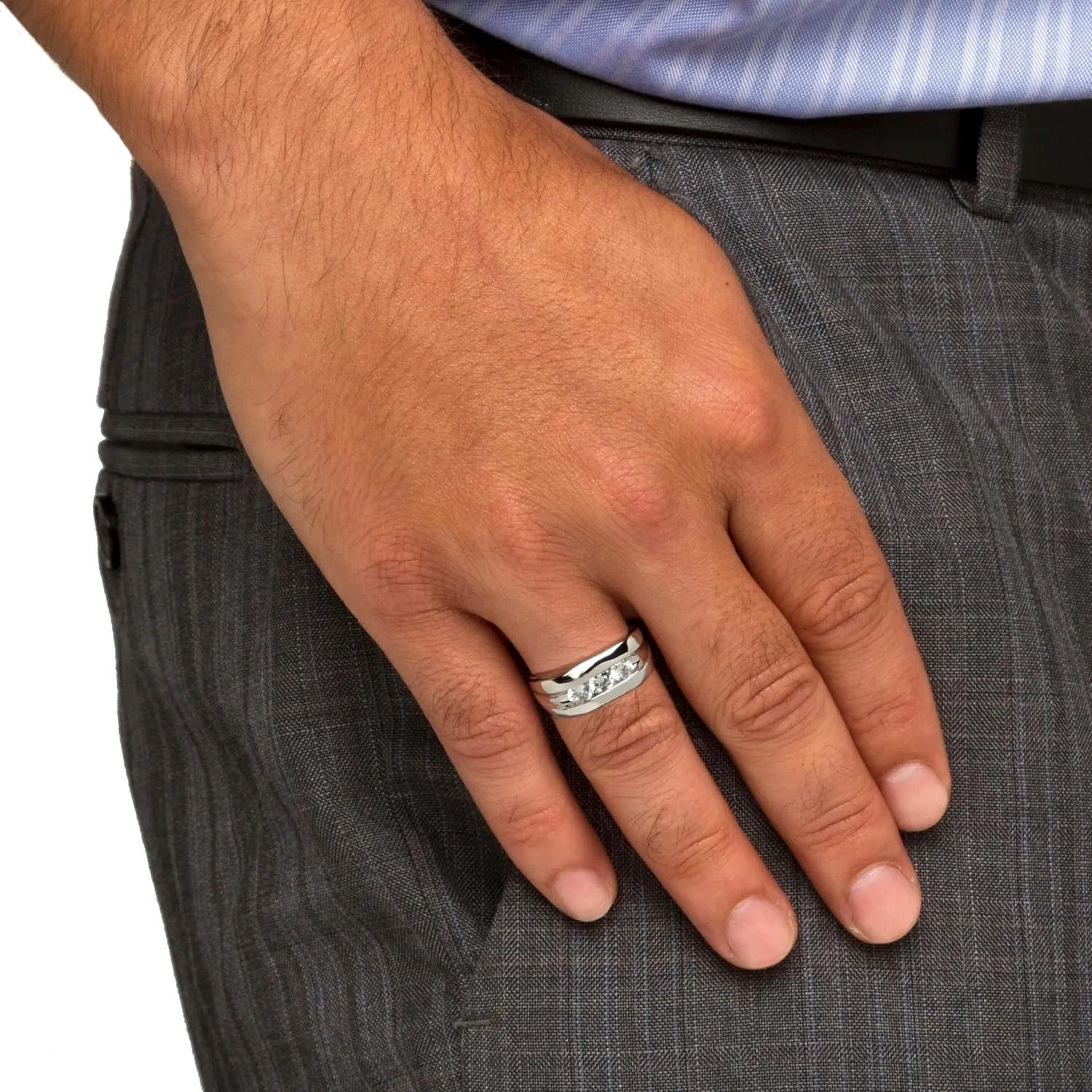 Palm Beach Jewelry Men's Platinum Plated Round Cubic Zirconia 3 Stone Channel Set Wedding Band Ring