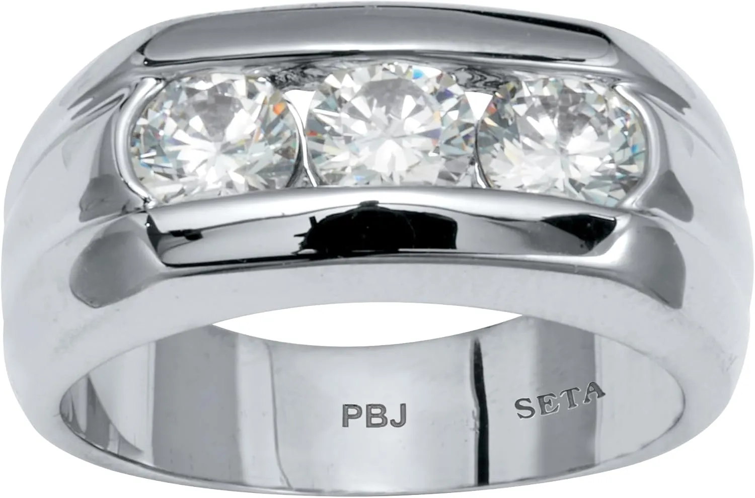 Palm Beach Jewelry Men's Platinum Plated Round Cubic Zirconia 3 Stone Channel Set Wedding Band Ring