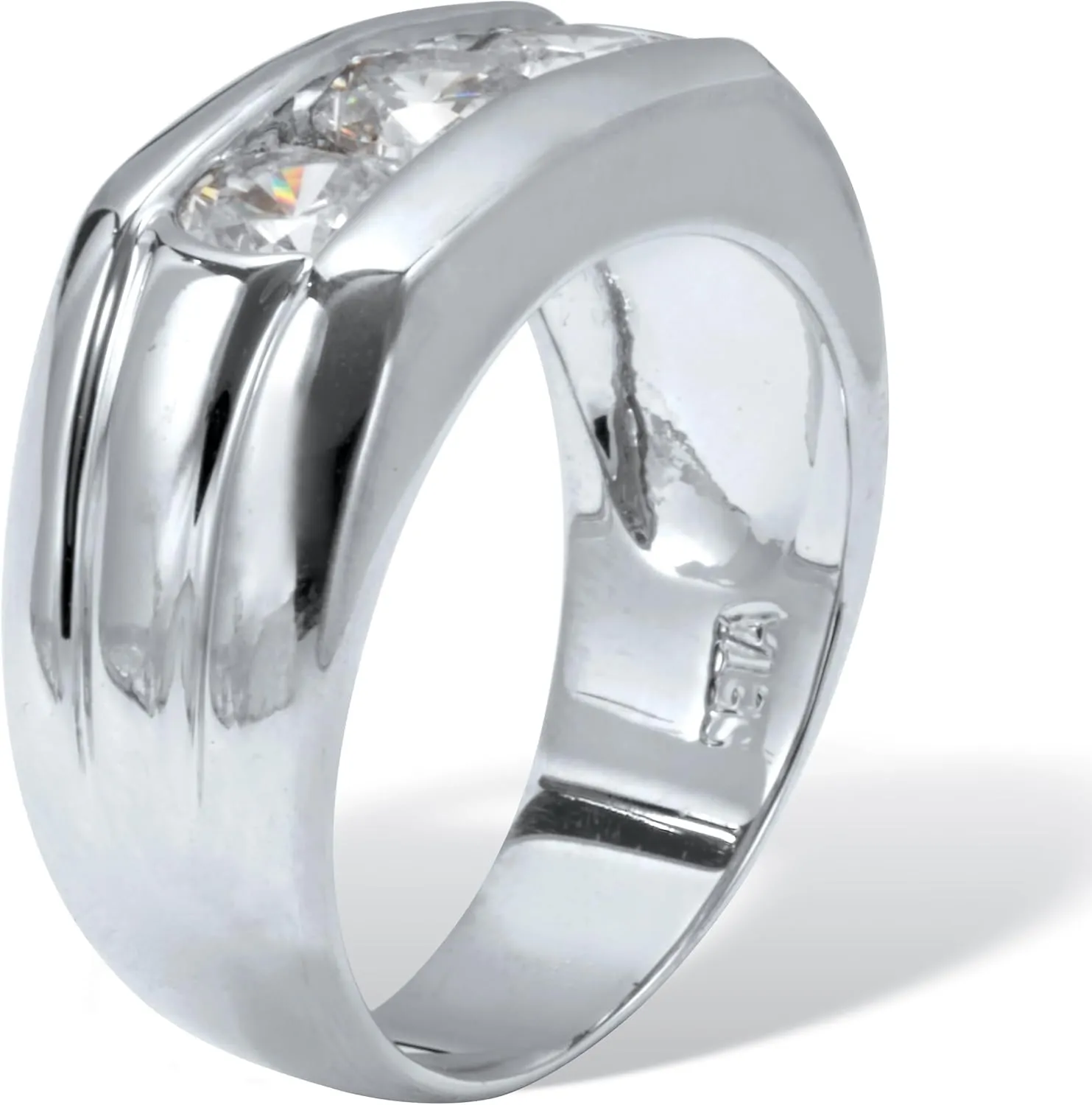 Palm Beach Jewelry Men's Platinum Plated Round Cubic Zirconia 3 Stone Channel Set Wedding Band Ring