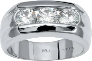 Palm Beach Jewelry Men's Platinum Plated Round Cubic Zirconia 3 Stone Channel Set Wedding Band Ring