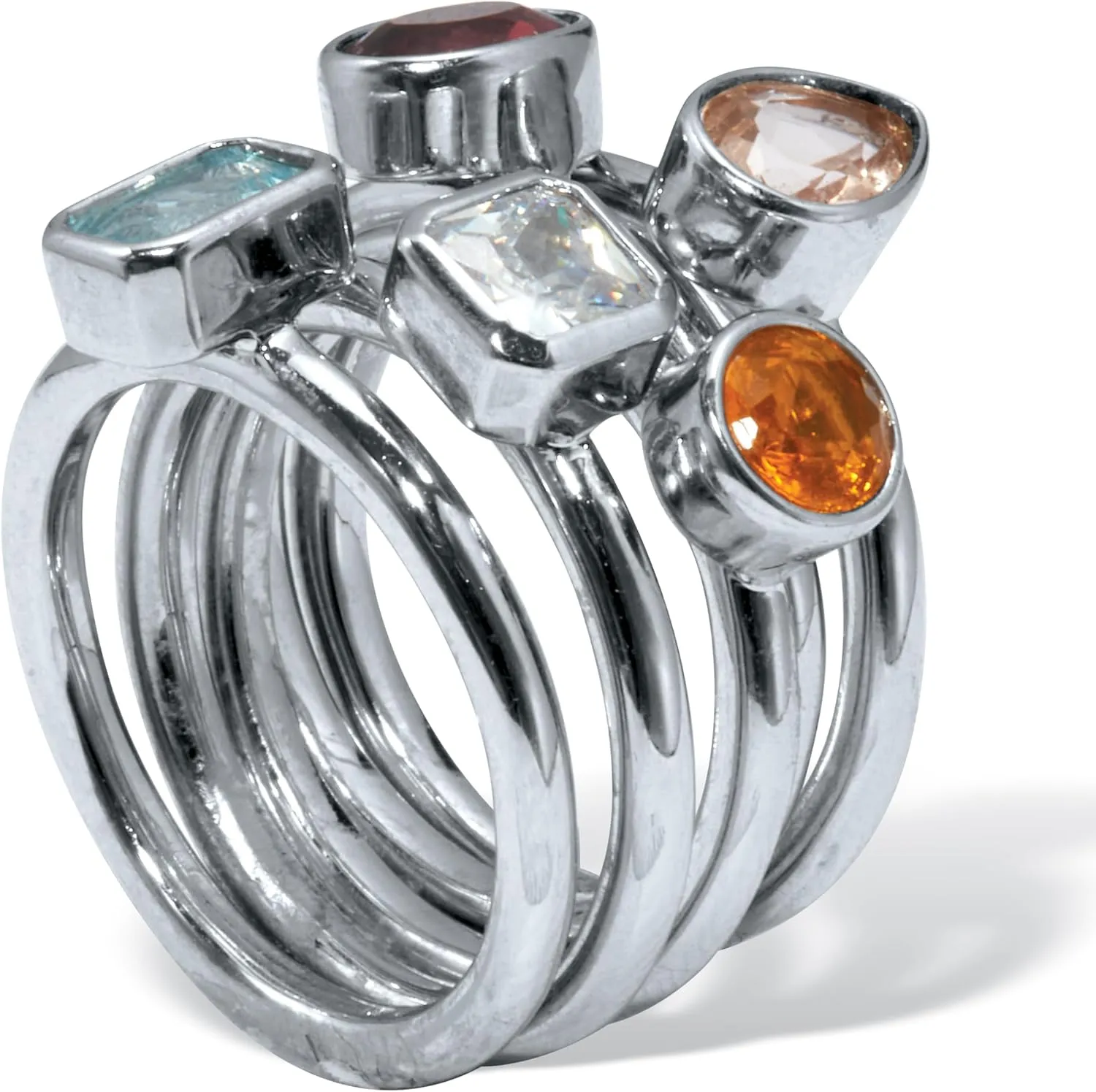 PalmBeach Platinum-Plated CZ and Simulated Crystal Multi Color Stackable Ring Set Sizes 6-10