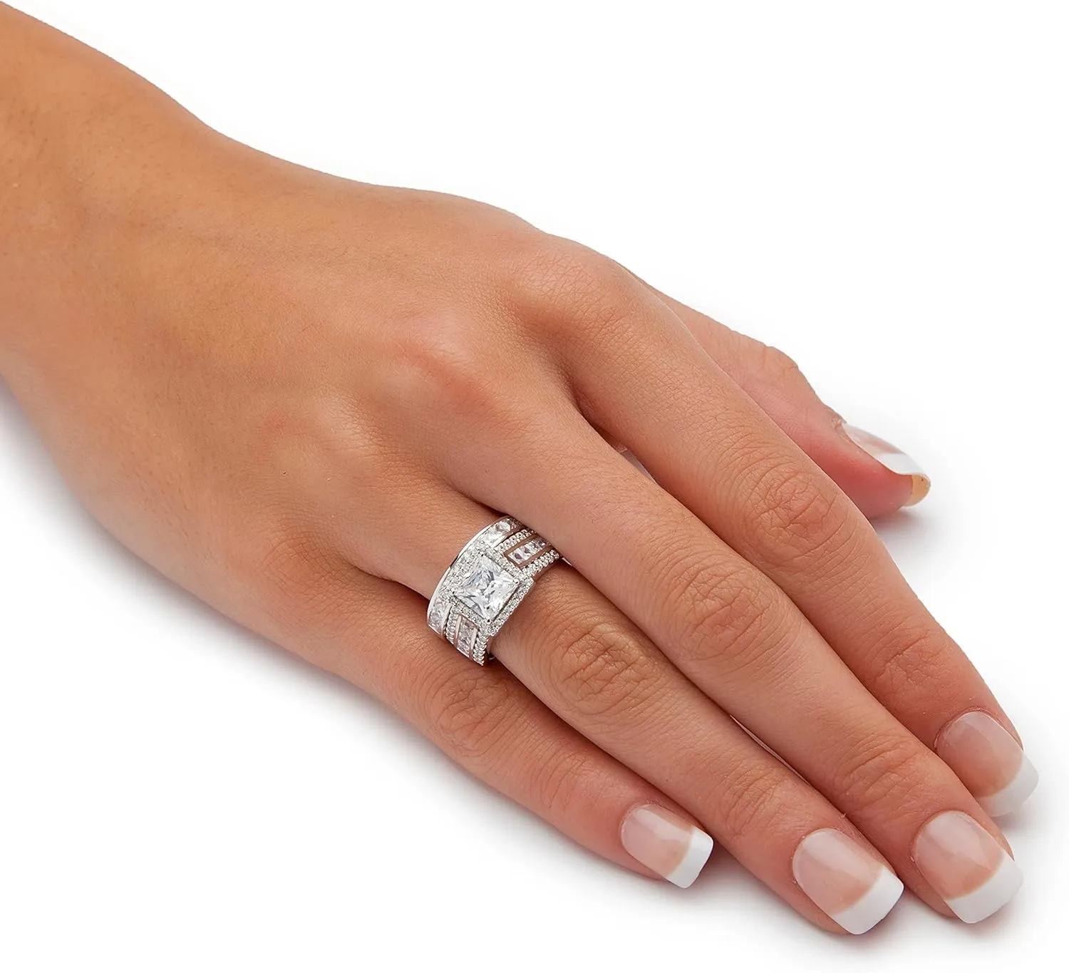PalmBeach Platinum-plated Sterling Silver Princess Cut Cubic Zirconia Halo Bridal Ring Set Sizes 6-10