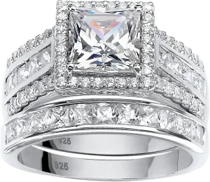 PalmBeach Platinum-plated Sterling Silver Princess Cut Cubic Zirconia Halo Bridal Ring Set Sizes 6-10