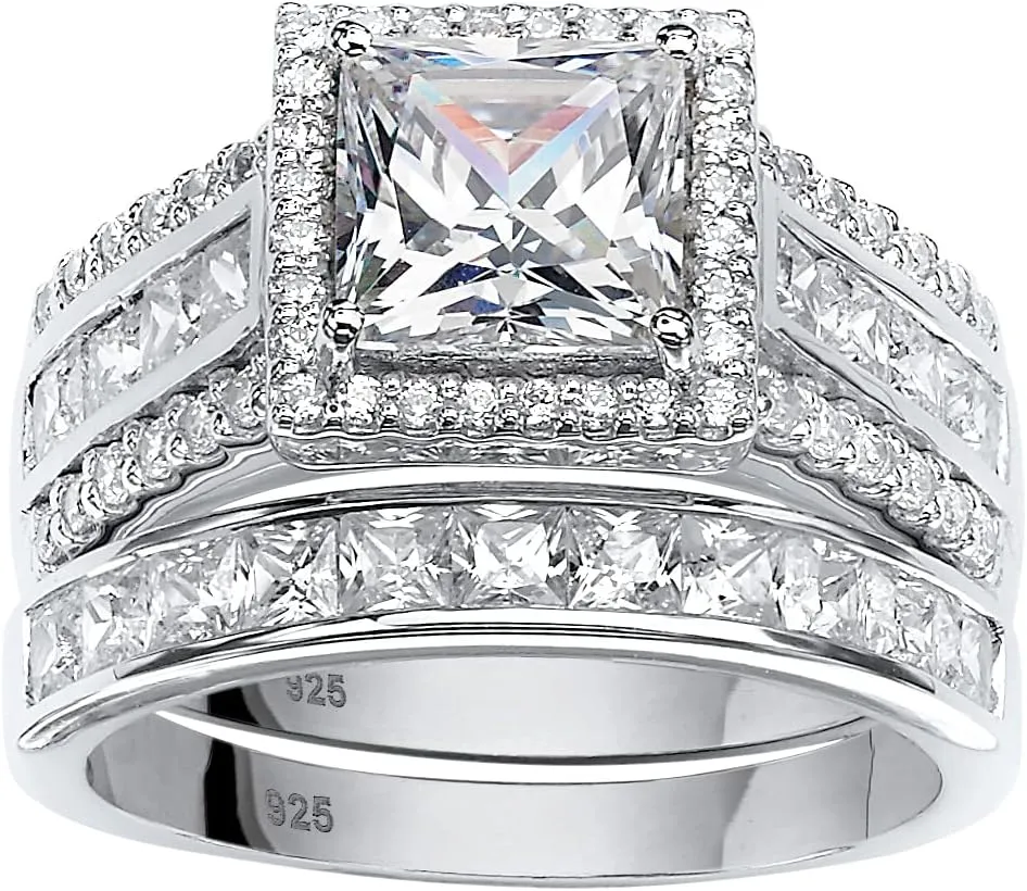 PalmBeach Platinum-plated Sterling Silver Princess Cut Cubic Zirconia Halo Bridal Ring Set Sizes 6-10