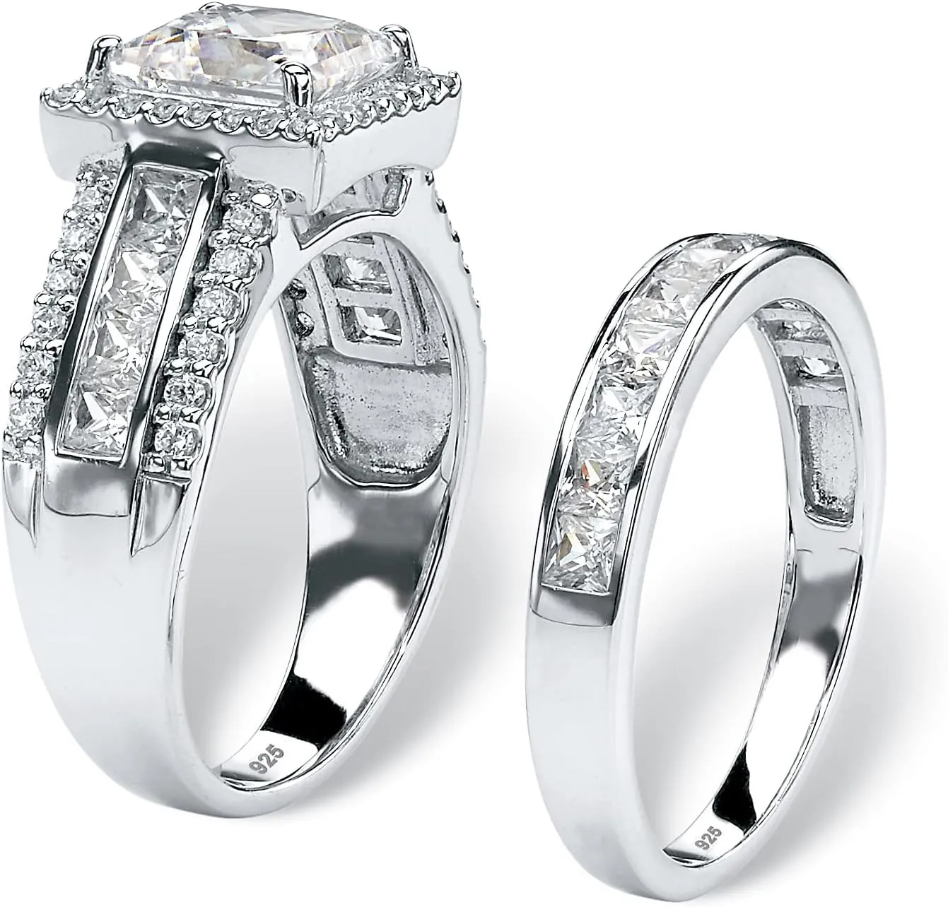 PalmBeach Platinum-plated Sterling Silver Princess Cut Cubic Zirconia Halo Bridal Ring Set Sizes 6-10