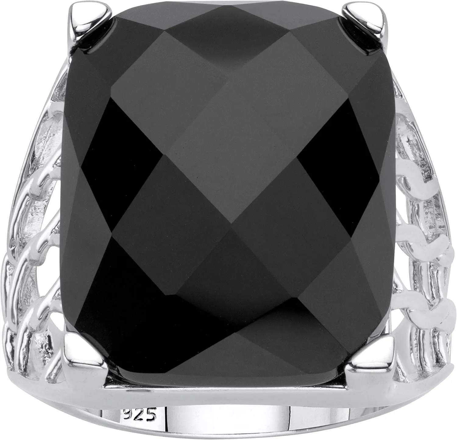 PalmBeach Sterling Silver Emerald Cut Natural Black Onyx Checkerboard Cut Ring Sizes 6-10