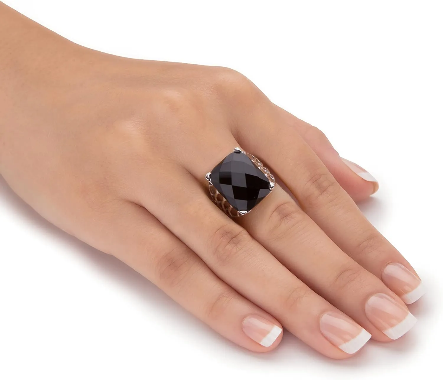 PalmBeach Sterling Silver Emerald Cut Natural Black Onyx Checkerboard Cut Ring Sizes 6-10