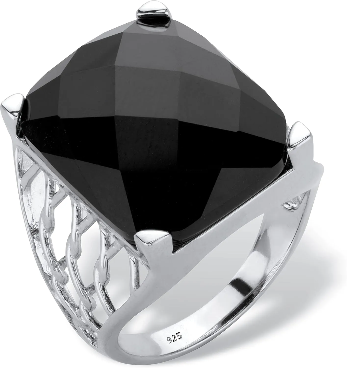 PalmBeach Sterling Silver Emerald Cut Natural Black Onyx Checkerboard Cut Ring Sizes 6-10