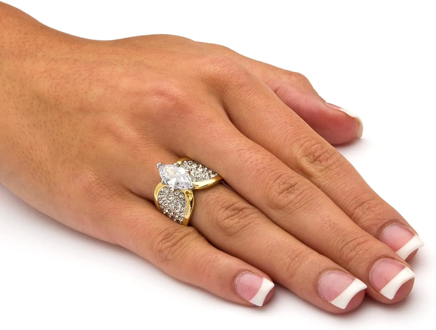 PalmBeach Yellow Gold-Plated Marquise Cut Cubic Zirconia and Round Simulated Crystals Engagement Ring Sizes 7-12
